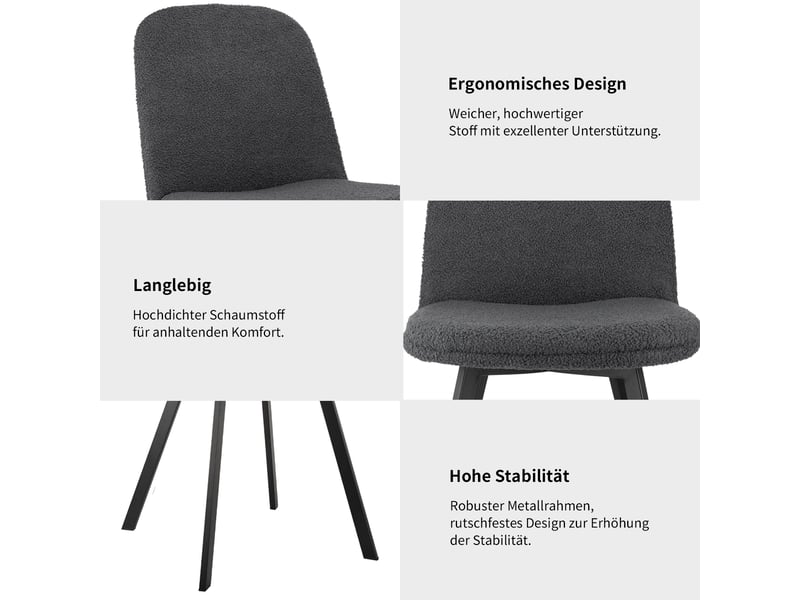  Chaises de salle à manger lot de 2 avec assise rembourrée  - structure en métal, teddy gris foncé 62×59×46 cm  - Conforama E