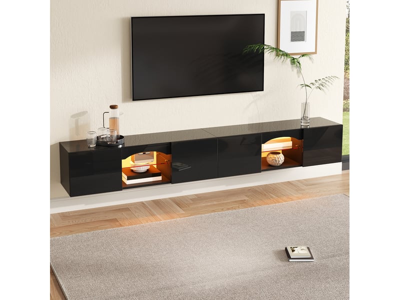  Meuble tv bas modenvie 200 x 30 x 28 cm 4 portes led contrôlée par application noir brillant  - Conforama D