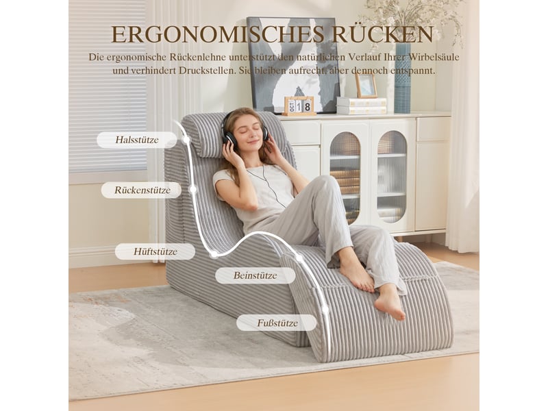 Fauteuil de relaxation individuel ergonomique 160x66x90cm – avec coussin de tête réglable et poche latérale – velours côtelé - gris  - Conforama E