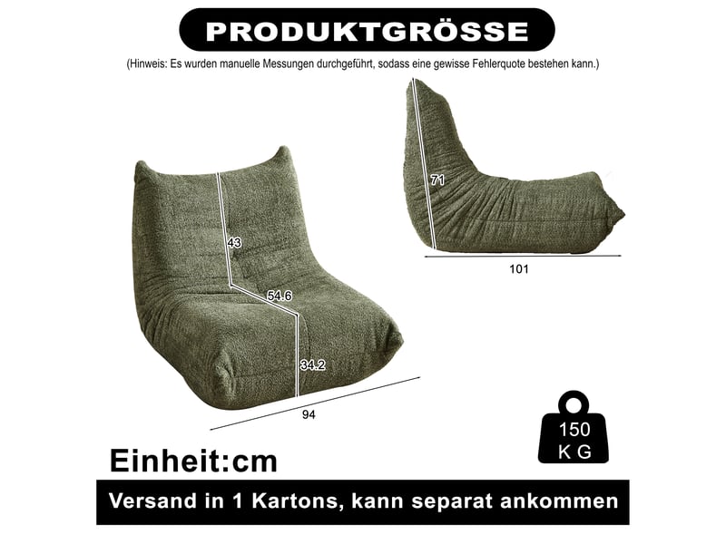  Fauteuil de sol vert en chenille, rembourré de mousse, sans accoudoirs, lounge confortable pour salon, chambre, jeux et bureau  - Conforama B