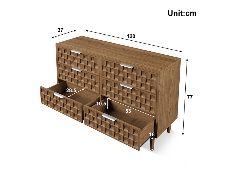  Commode à  6 tiroirs décor chêne 120 x 37 x 77 cm, motif gaufre chocolat, poignées en métal  - Conforama C
