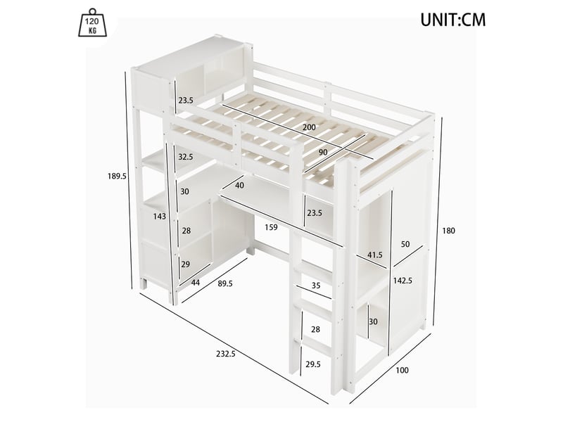  Lit mezzanine enfant 90x200 cm avec bureau et rangement coloris blanc  - Conforama C
