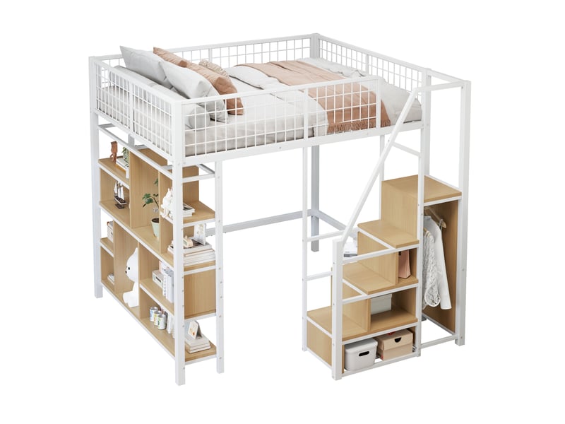  Lit mezzanine 140x200 avec escalier et rangement intégré, cadre en métal robuste, lit mezzanine blanc idéal pour adulte et enfant.  - Conforama C