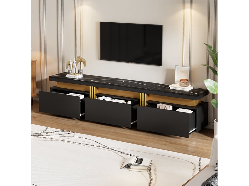  Meuble tv moderne bas 200x40x42cm avec 3 tiroirs, motif marbre (non marbre réel), panneaux de particules, couleur noir  - Conforama C