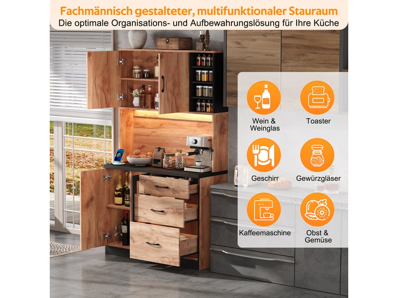 Buffet de cuisine 180x105x40 cm, haute armoire rangement avec tiroirs, étagères modulables, plan de travail noir et prises usb pour organisation optimale. - Conforama E