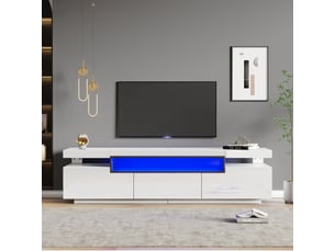 Meuble tv 160x39x42 cm blanc laqué avec led 16 couleurs, 3 tiroirs, espace pour tv 70, design moderne et élégant
