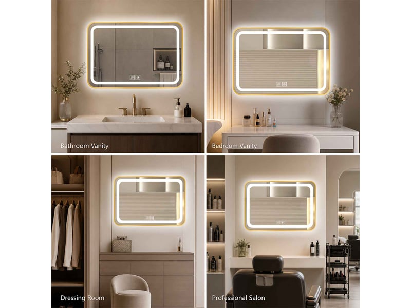  Miroir de salle de bain led 100x70 cm bordure dorée verre sécurit tactile anti-buée 3 couleurs cri>90 or  - Conforama D
