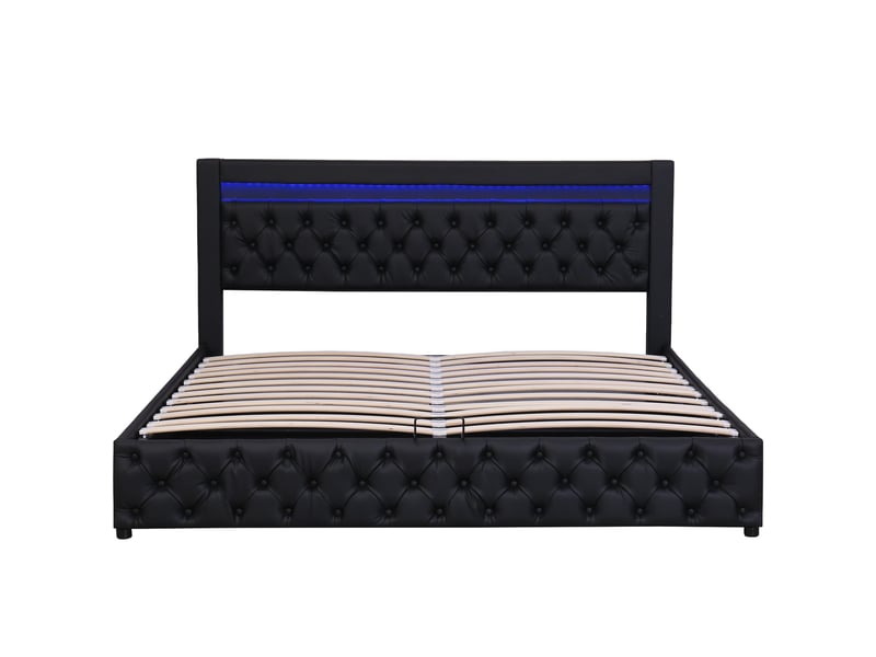  Lit rembourré en pu, 180 x 200 cm, avec sommier et coffre de rangement, éclairage led multicolore, noir  - Conforama A