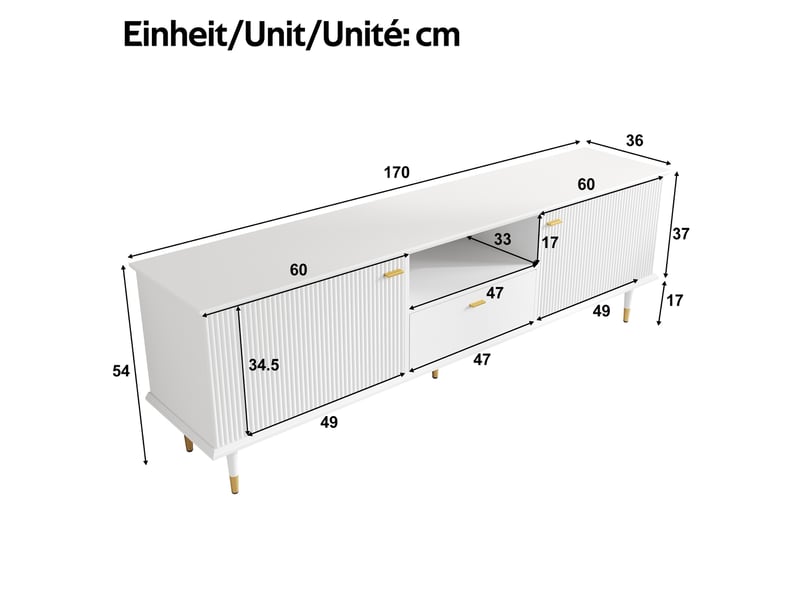  Meuble tv avec 2 portes, 1 tiroir, 1 niche et passe-câbles, fermeture douce, en mdf 170×36×54 cm blanc  - Conforama D