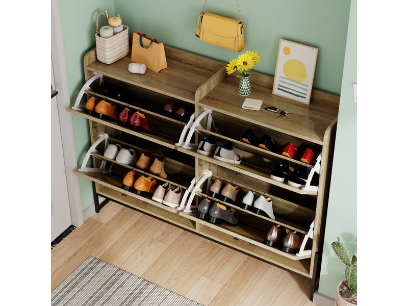  Meuble à chaussures 118x25x91,5 cm, 4 abattants, rangement réglable et façades effet rotin, pour entrée et couloir - naturel  - Conforama B