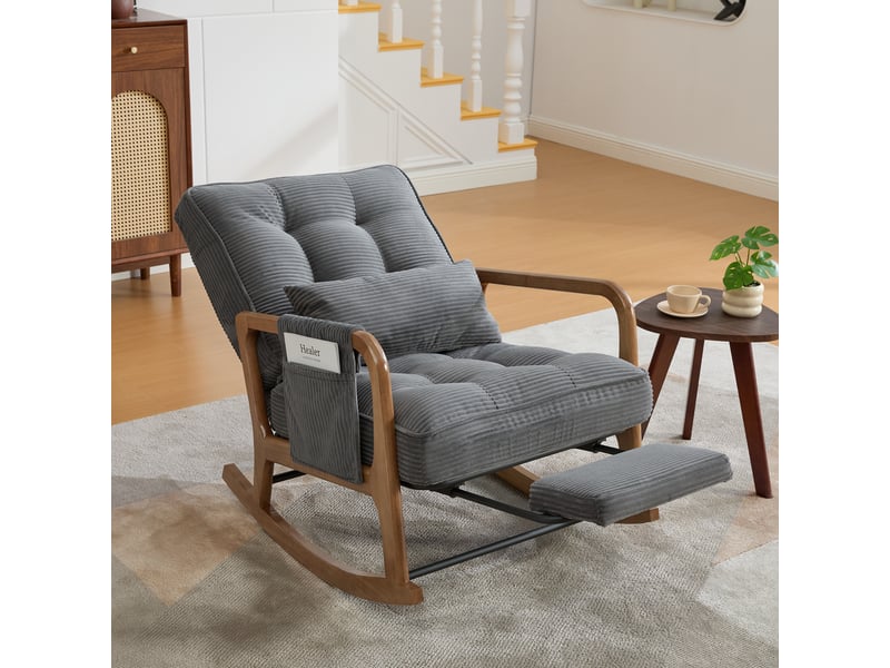  Fauteuil à bascule gris en velours côtelé avec repose-pieds intégré et dossier réglable - 70x80x92cm  - Conforama D