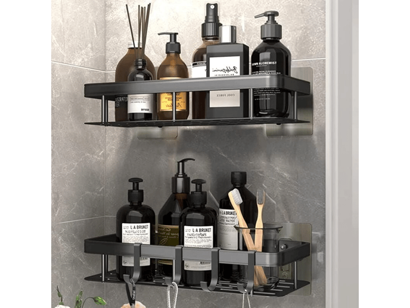Lot de 2 etagere douche sans percage,etagere murale salle de bain aluminium mit 4 crochets,support douche auto-adhésif,tablette de douche - Conforama A