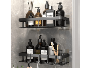 Lot de 2 etagere douche sans percage,etagere murale salle de bain aluminium mit 4 crochets,support douche auto-adhésif,tablette de douche
