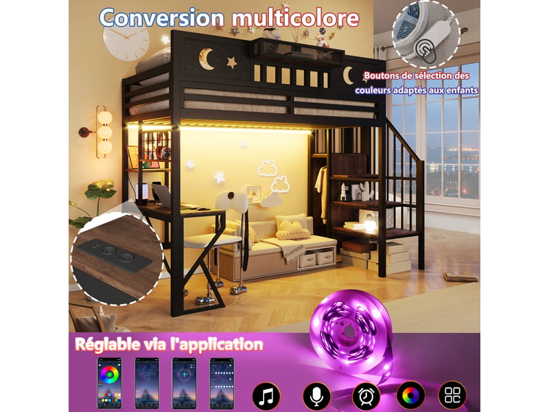  Lit mezzanine 90 x 200 cm, noir, sans matelas, structure métal, bureau, étagères et led, sécurité renforcée  - Conforama E