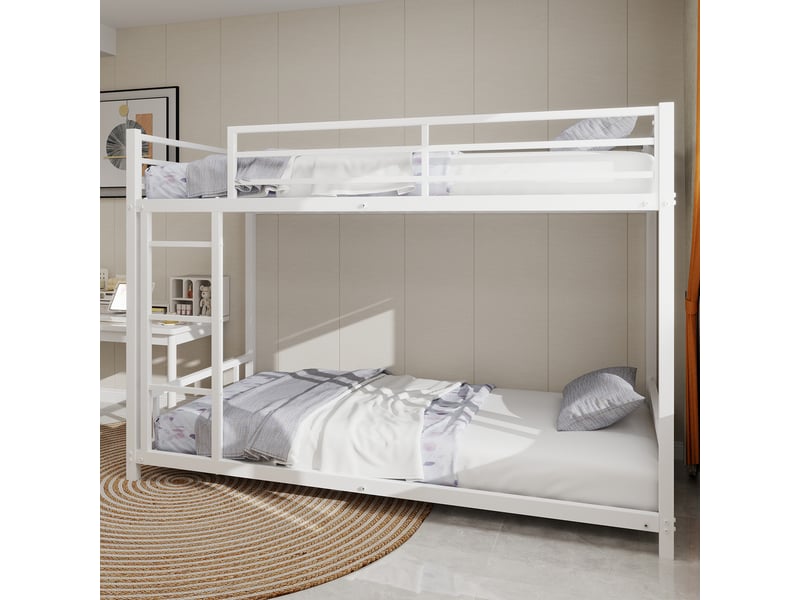 Lit superposé bas - 136cm - garde-corps 33cm - métal robuste - blanc - Conforama W