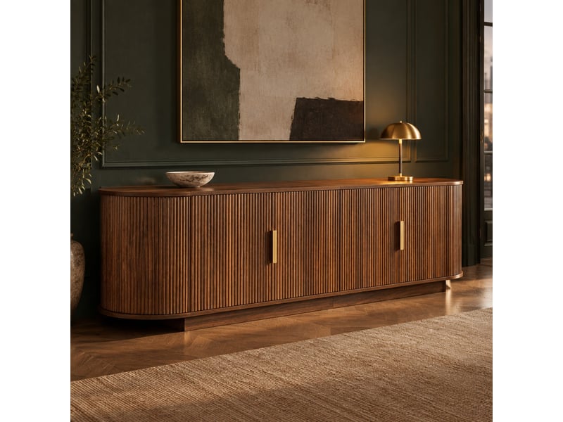  Meuble tv avec 4 portes, rangement spacieux et poignées en métal, finition noyer, pour salon, 180 × 35 × 50 cm  - Conforama B