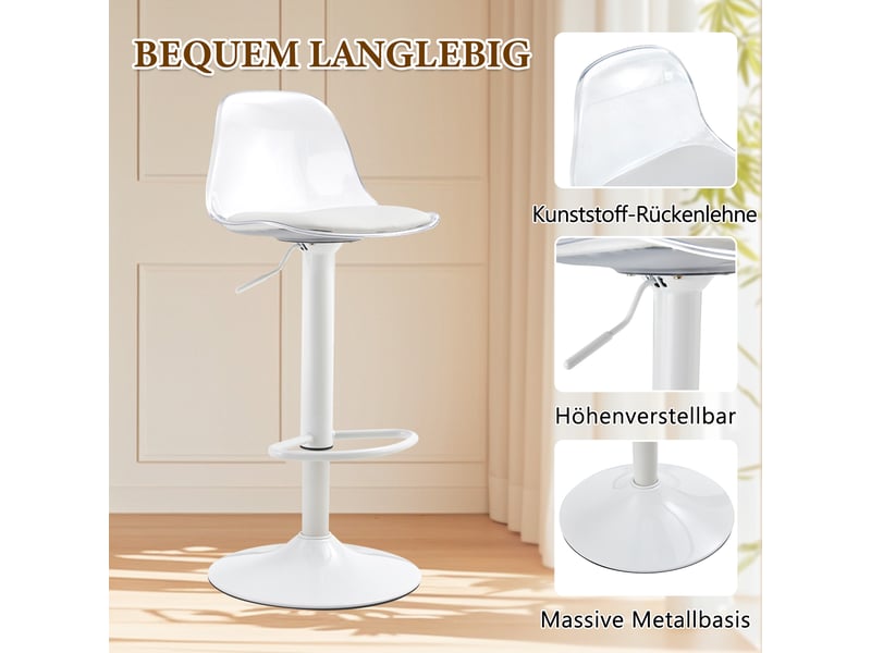  Ensemble table haute et 2 tabourets, table de bar ronde en verre de 89 cm, sièges transparents réglables et pivotants, pieds blancs  - Conforama D