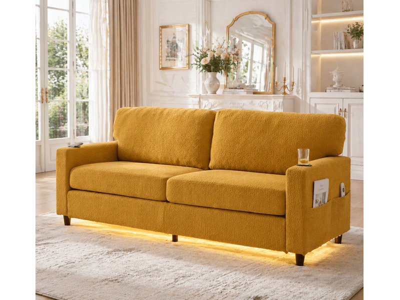 Canapé 2 places en chenille moutarde avec usb-c et led d'ambiance, structure bois et métal  - Conforama B