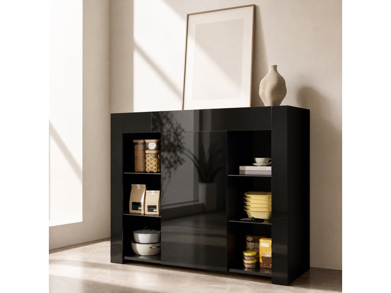 Buffet avec porte et étagères en verre pour salon 95×35×83 cm en panneaux de particules noir - Conforama B