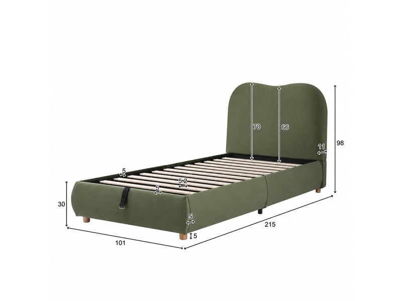  Lit enfant 90 x 200 cm avec coffre et sommier relevable hydraulique, velours vert  - Conforama C