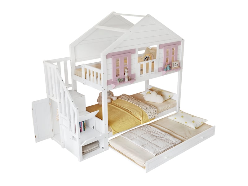 Lit superposé enfant 90x200 cm avec lit gigogne, escalier de rangement 3 marches, penderie latérale, fenêtres décoratives et toit, sommier à lattes stable, structure en pin, mdf et contreplaqué, blanc et rose - Conforama D