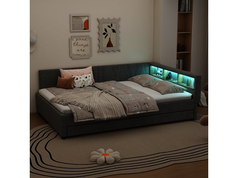  Lit en lin avec compartiments et éclairage led gris 145x210 cm  - Conforama D