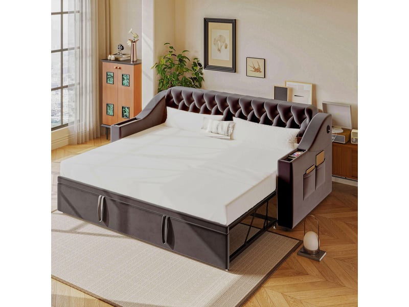  Canapé-lit rembourré 90180x190 cm, lit gigogne avec port de chargement usb, lit double avec rangement intégré, velours, gris foncé  - Conforama A