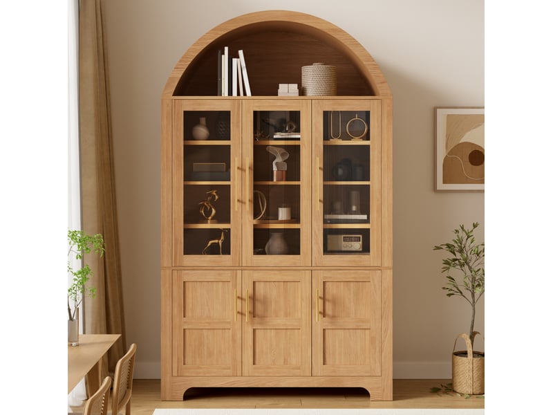 Buffet haut moderne 110x40x185 cm avec niche ouverte en arc, 3 portes vitrées, tablettes réglables, mdf, naturel - Conforama B
