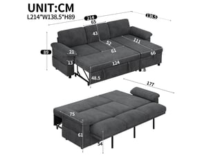 Canapé d'angle convertible réversible en velours côtelé gris avec coffre