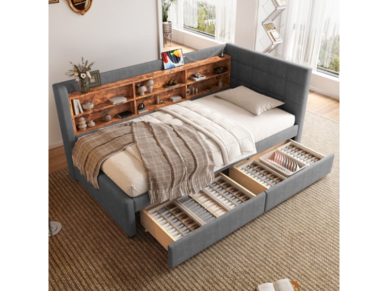  Lit avec rangement rembourré 90x200cm coloris gris lin lit enfant gris - Conforama E