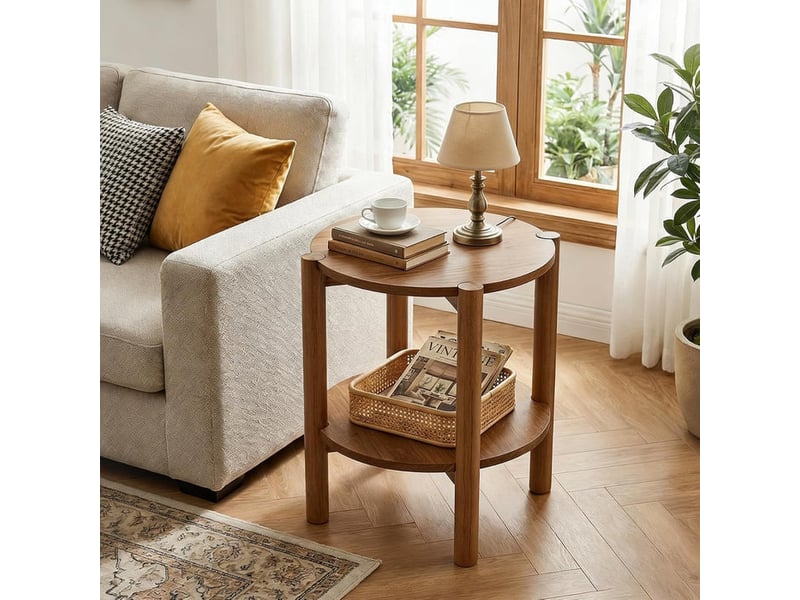  Table d'appoint ronde en bois massif à 2 niveaux, table de canapé compacte  - Conforama D