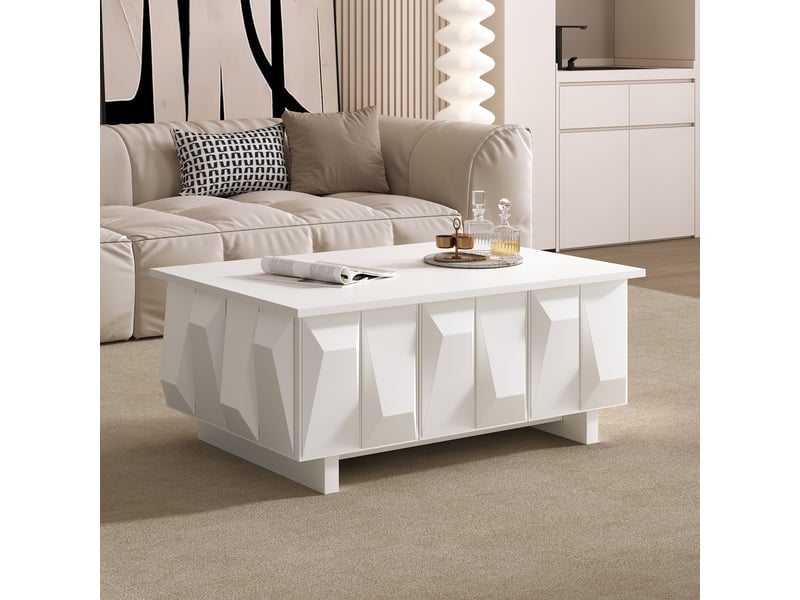  Table basse blanche avec rangement, façades géométriques en relief, 95 x 67 x 39,5 cm  - Conforama R