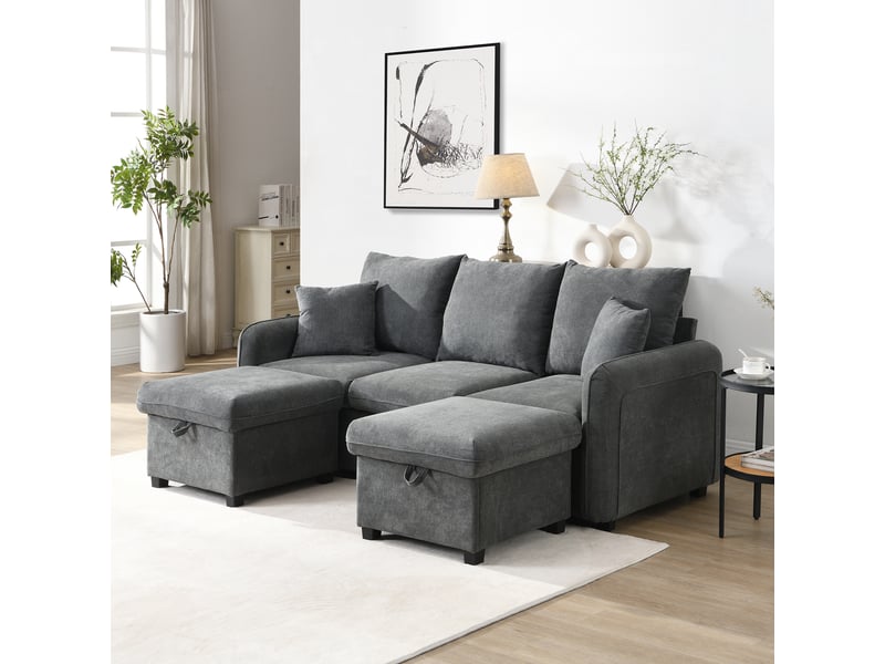  Canapé d’angle en u 3 places 188x186x86 cm convertible avec tiroirs, pouf coffre, modules séparables, chenille, gris Sol Morn - Conforama D