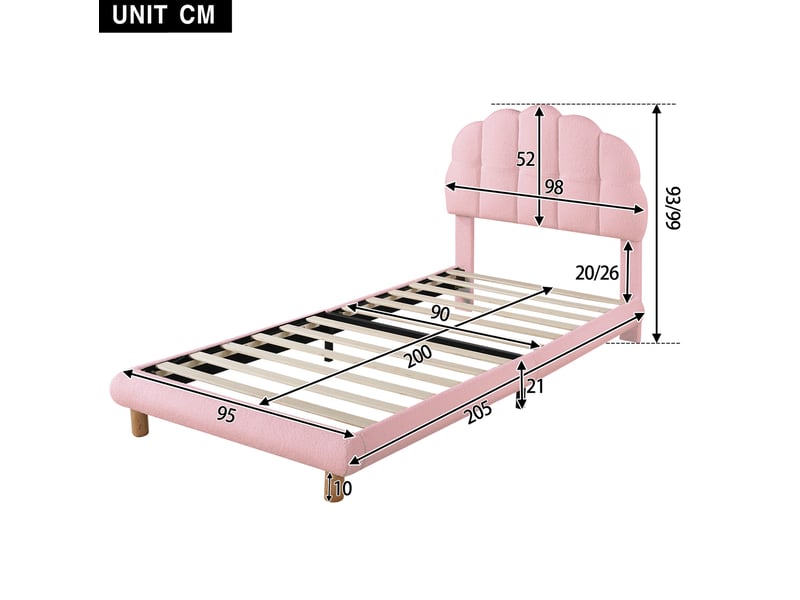  Modenvie lit simple rembourré 90x200 cm - tête de lit réglable, sommier à lattes, sans matelas - rose  - Conforama C