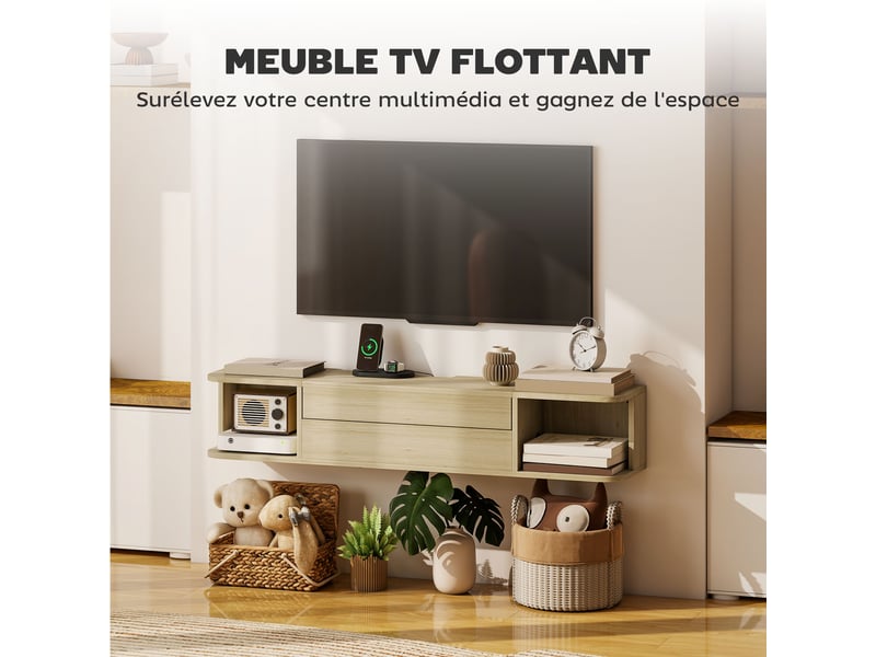  Meuble tv suspendu meuble télé pour téléviseur 50 pouces tiroir étagères passe-câbles 120x24x22,4cm effet bois naturel  - Conforama R
