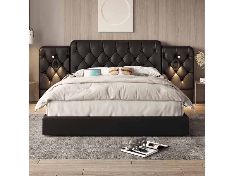  Lit avec tête de lit allongée en similicuir noir 160 x 200 cm  - Conforama D