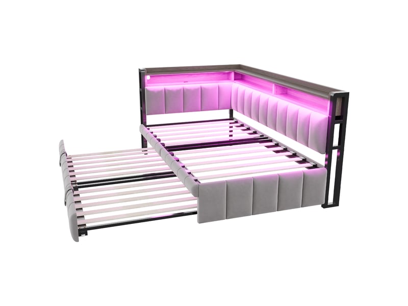  Canapé-lit 90 x 200 cm – avec lit gigogne – avec éclairage led – avec ports usb et type-c – gris clair (matelas non inclus)  - Conforama W