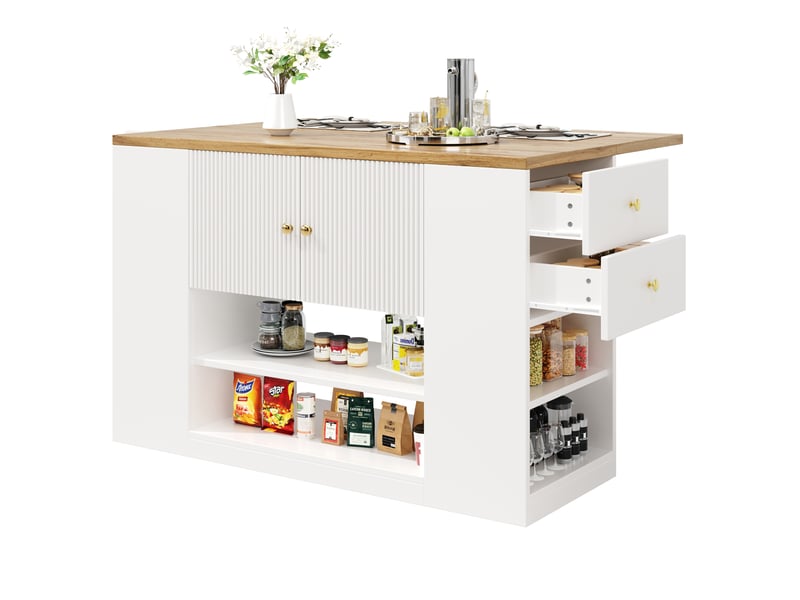  Îlot de cuisine rangement 140x40-70x90cm design moderne et élégant tiroirs plateau rabattable mdf et métal, blanc  - Conforama A