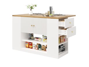 Îlot de cuisine rangement 140x40-70x90cm design moderne et élégant tiroirs plateau rabattable mdf et métal, blanc
