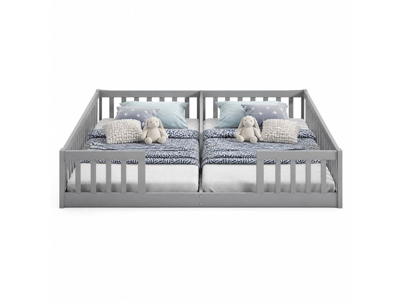  Lit enfant pour deux 90 x 200 cm, barrières de sécurité, sommiers à lattes, gris  - Conforama A