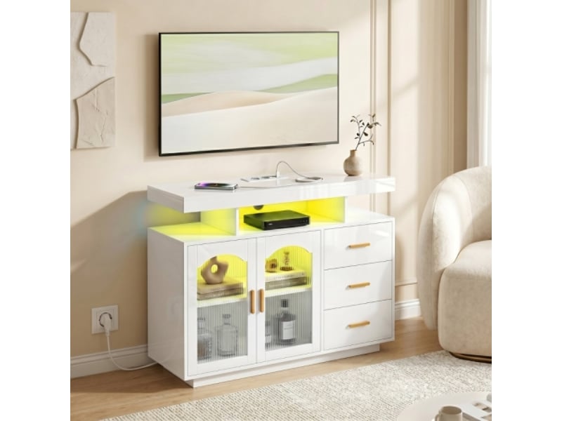  Buffet lumineux led moderne avec prises intégrées, 3 tiroirs, étagères et 2 portes en acrylique - blanc brillant  - Conforama D