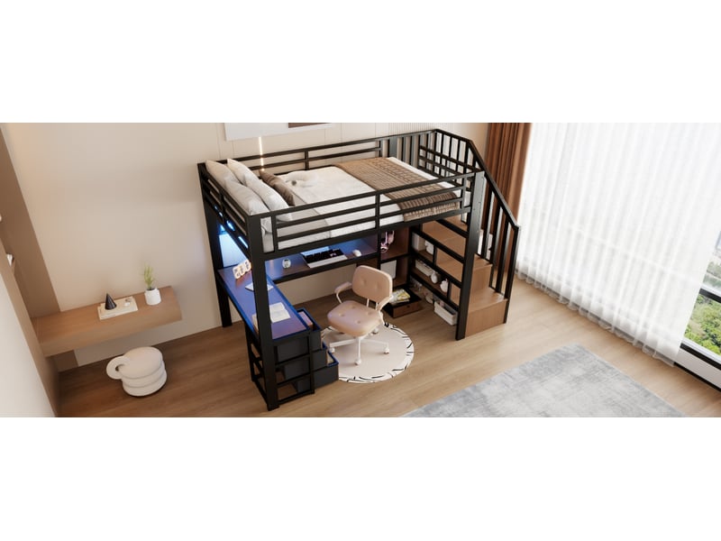 Lit mezzanine enfant 90 × 200 cm 1 place avec bureau, 4 tiroirs, led réglable et rangements, sans matelas, noir - Conforama E