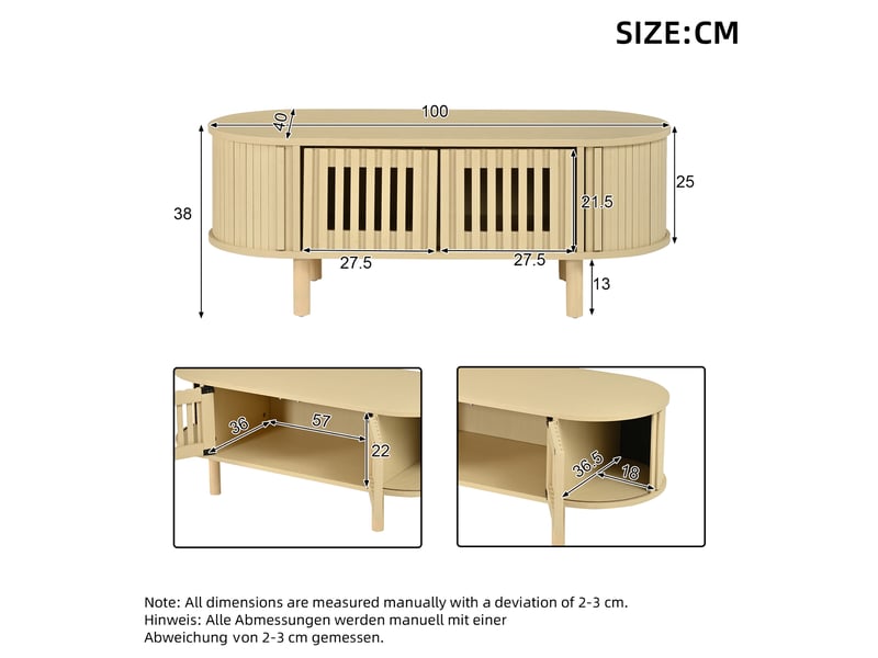  Table basse ovale 100 x 40 x 38 cm – naturel – rangement avec portes à lamelles et rideau coulissant  - Conforama C