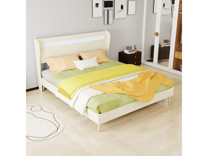  Lit rembourré en tissu et métal beige 160 x 200 cm  - Conforama E