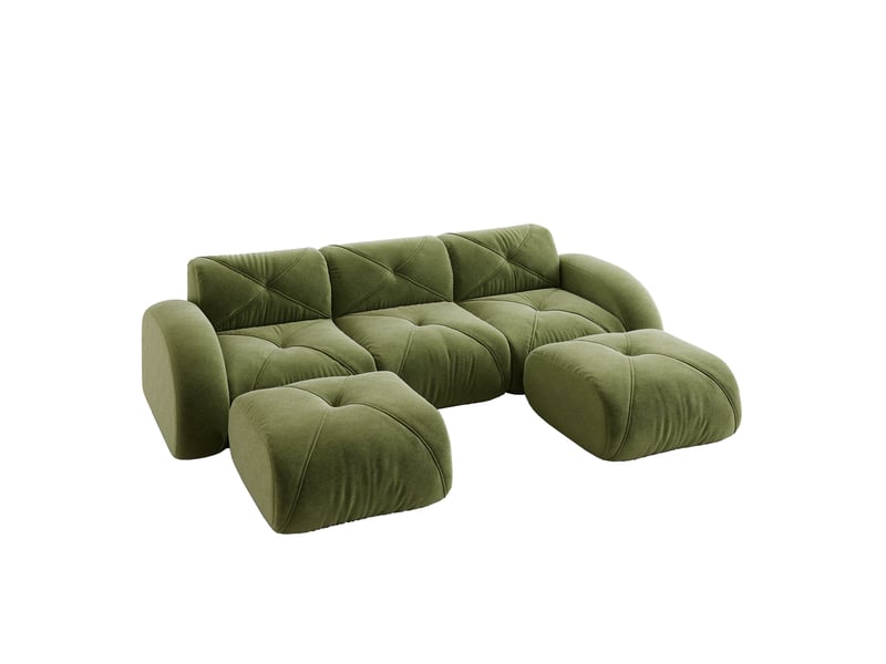  Canapé modulaire en u 3 places avec 2 poufs, assise moelleuse et design sans cadre, en chenille vert  - Conforama A