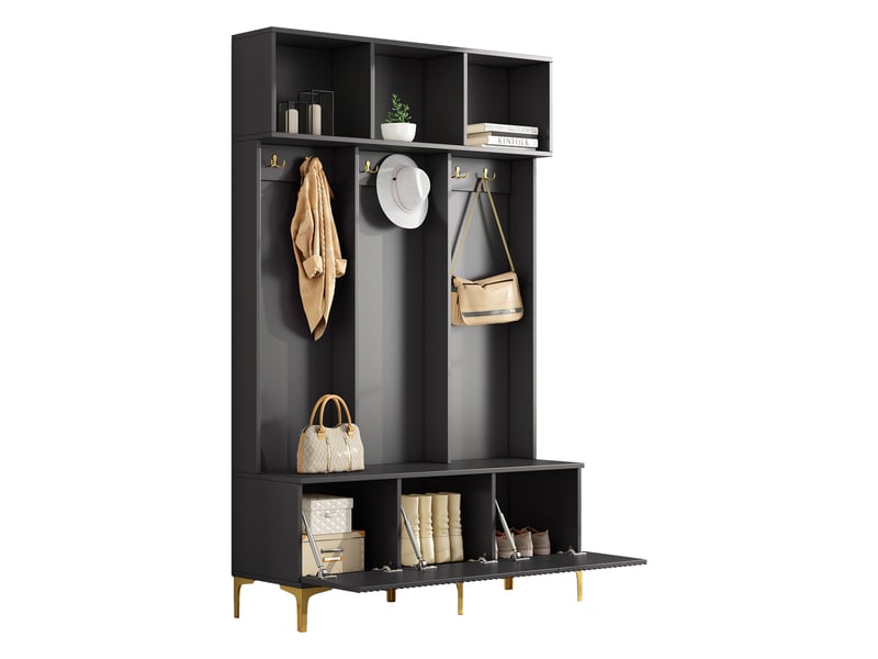  Meubles d'entrée avec banc, rangement ouvert et 6 crochets dorés, pour chaussures et manteaux, noir, 120×23,5×191,5 cm  - Conforama A