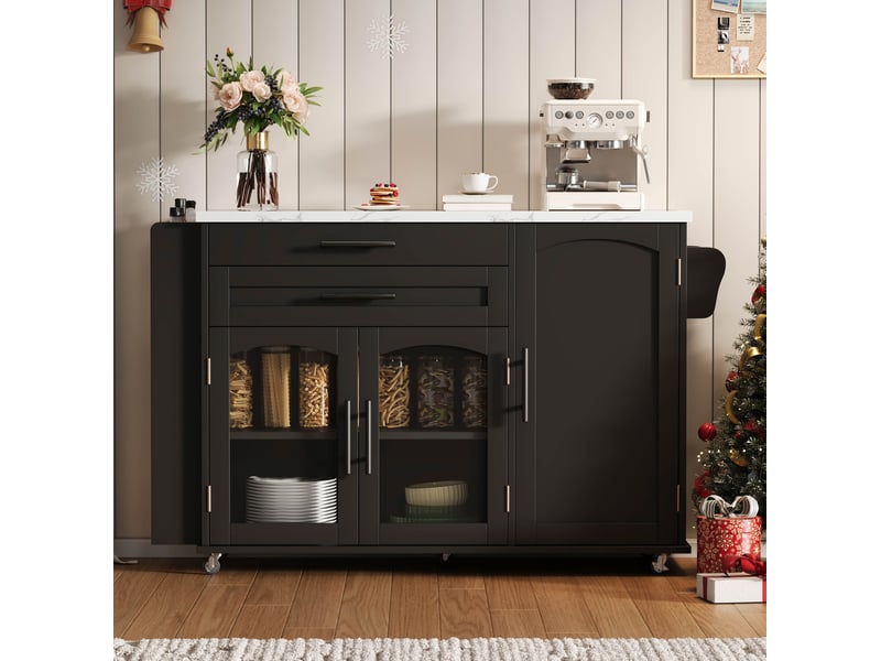  Îlot de cuisine mobile avec plan de travail pliant, chariot de cuisine, 5 roues, multiples solutions de rangement, etagère à épices, tiroir à couverts, 120 x 45 (70) x 90 cm  - Conforama E