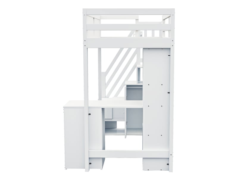  Lit mezzanine 90x200 cm avec bureau et tiroirs, lit enfant avec placards de rangement et barrière, blanc, lit simple en bois  - Conforama B