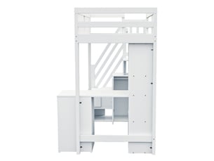 Lit mezzanine 90x200 cm avec bureau et tiroirs, lit enfant avec placards de rangement et barrière, blanc, lit simple en bois