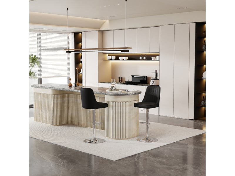  Lot de 2 tabourets de bar réglables 360°, dossier capitonné noir pu cuir, pieds métal argenté – idéal îlot de cuisine  - Conforama B